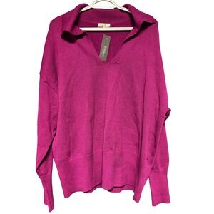 Easel Sailor Collar Long Sleeve Sweater Magenta Pink V-Neck Knit Cozy Large NWT